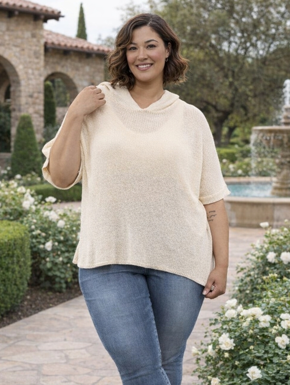 Heyson, short sleeve, loose knit, hooded top, 2X